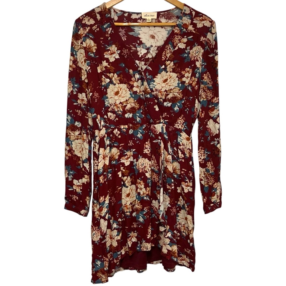 Womens Faux Wrap Dress Burgundy Red Long Sleeve Puff V Neck Garden Romantic